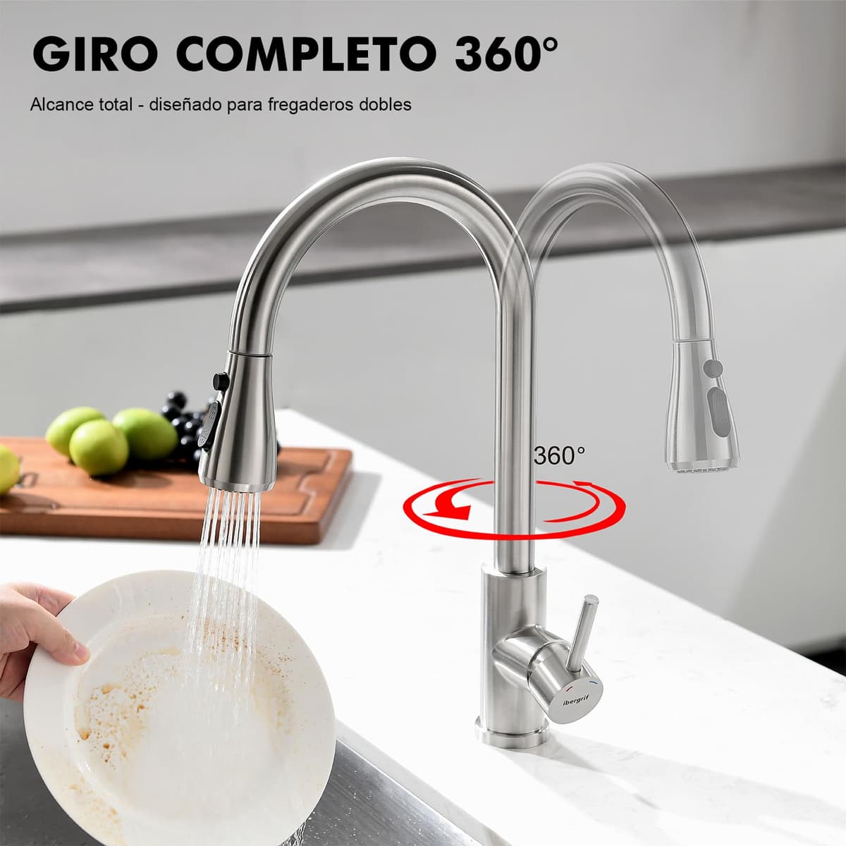 Ibergrif Grifo Cocina Extraíble, Grifo Cocina Fregadero 360° Giratorio, 3 Modos de Agua, Acero Inoxidable 304, Ahorro Energético 30%, Instalación Sin Herramientas en 5 Minutos, M22137 — view 6