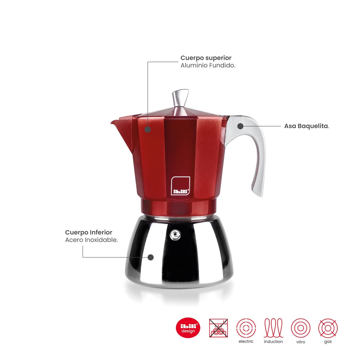 IBILI - Cafetera express Elba Red, 9 tazas, 450 ml, Aluminio fundido, Base de Acero Inoxidable, Apto para inducción — view 5