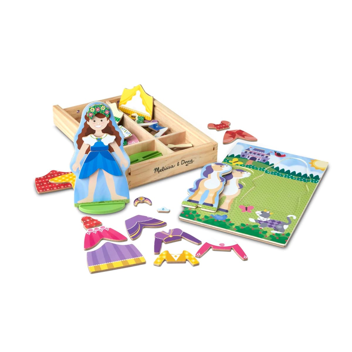 Melissa & Doug - Juego de imitación, de muñecos de madera para vestir con piezas magnéticas - Princesa y caballo (35 piezas)