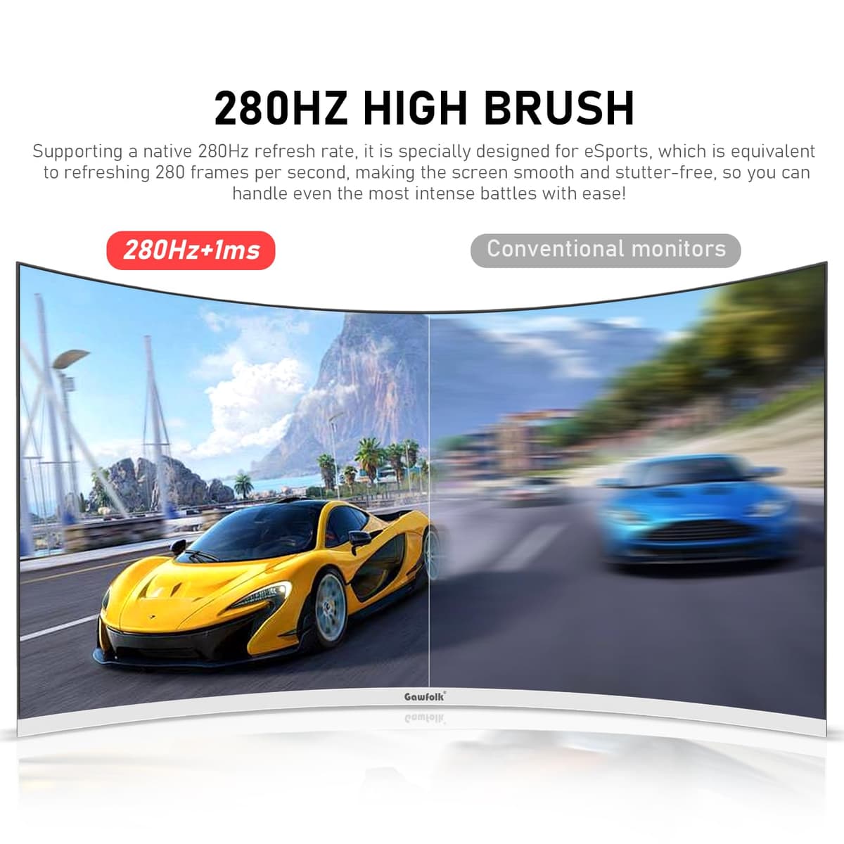 Gawfolk 27 Inch PC computer screen,1800R Curved Gaming 280Hz Monitors, FHD1080p 1ms without Bezel, freesync, 98%sRGB,178 ° Angle View HDMI DisplayPort, Compatible with Wall-Mounted VESA100*100MM-White — view 2