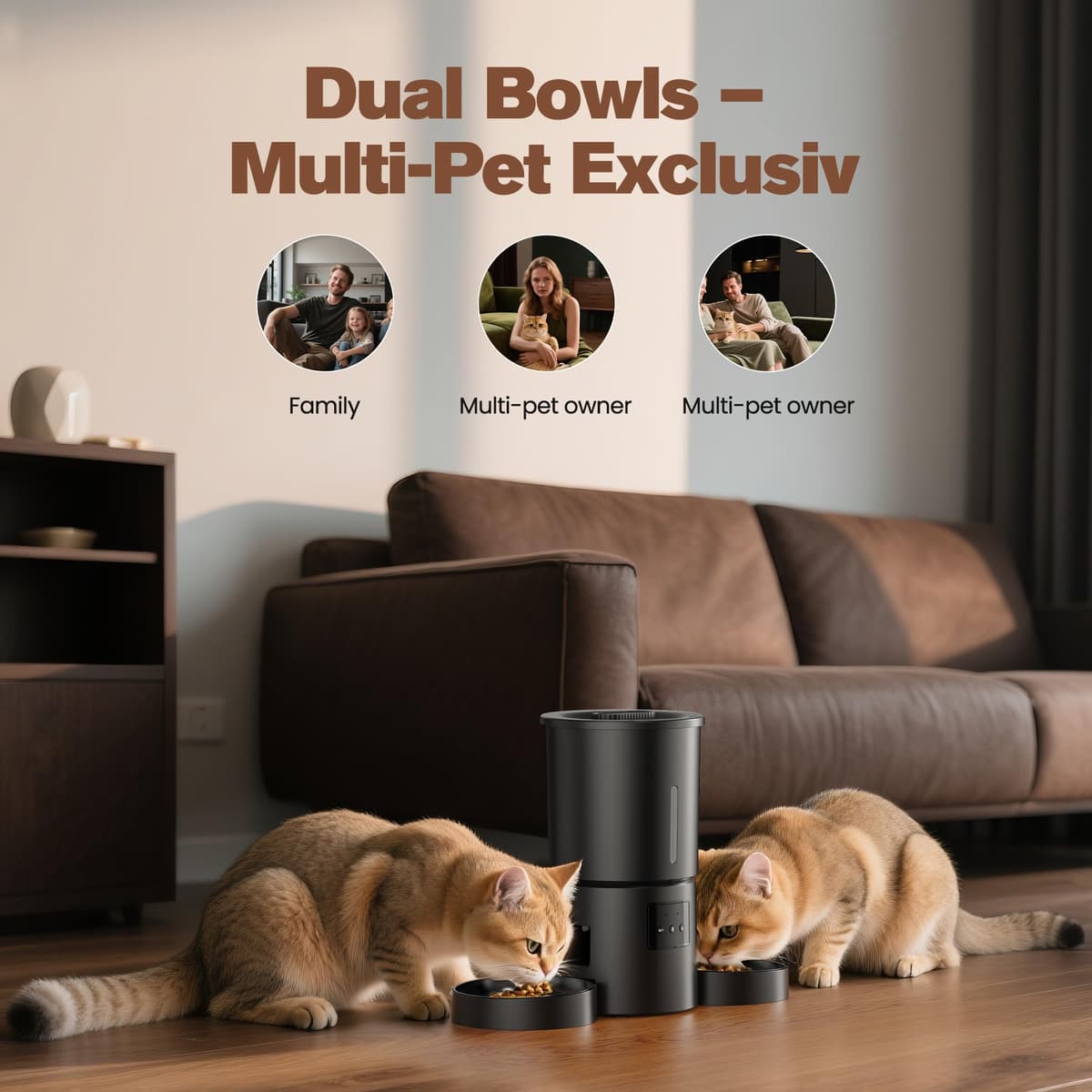 Comedero Gato Automático Doble & App: Dispensador Automático de 5L con WiFi 2.4G y Temporizador para Comida Seca - Diseño de Comedero Doble AONBOY para Múltiples Gatos y Perros - Negro — view 5