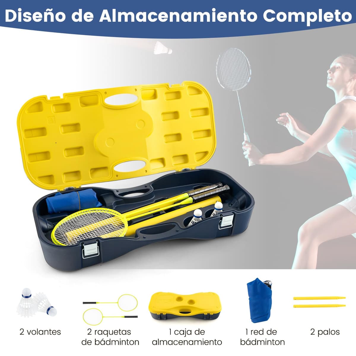 COSTWAY Set de Bádminton Completo, 2 Raquetas y 2 Volantes, Caja De Almacenamiento, Conjunto de Bádminton Completo Interiores y Exteriores, 270 x 33,5 x 160 cm — view 2
