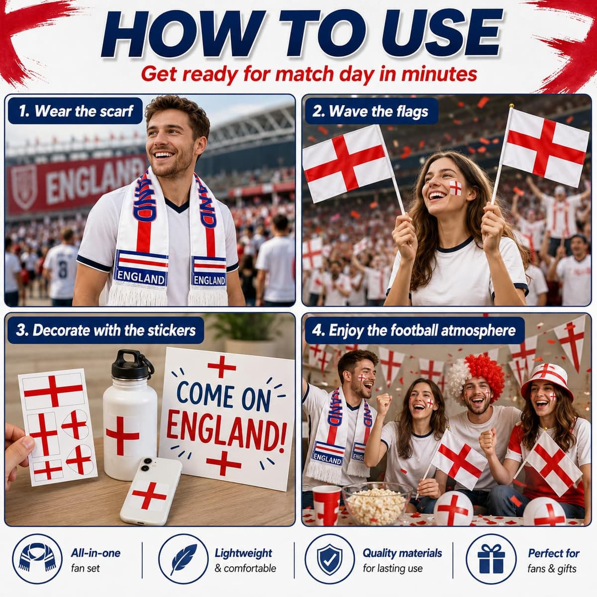 England Fan 5-Piece Set Scarf Flags Tattoos, World Cup 2026 Merchandise, Perfect to Match Your England Football Shirt for Men Women Boys Girls Pub Stadium — view 5