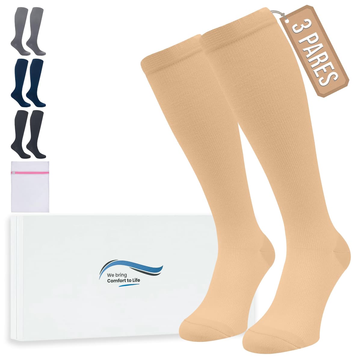 360 Relief Medias de Compresión Mujer y Hombre - 1 Par Calcetines de Compresión para Deportes, Correr, Volar, Viaje, Trabajo, Footing - S/M Beis con Bolsa de Malla — view 39