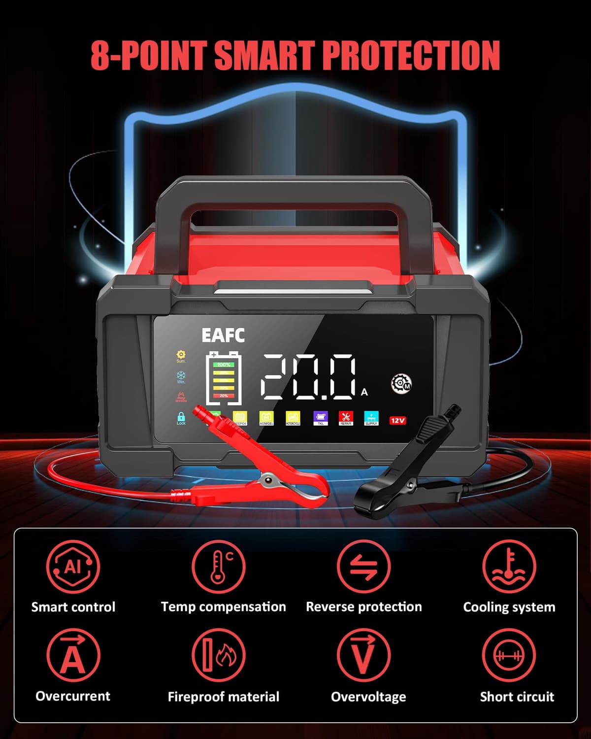 EAFC 20Amp 12V/24V Smart Car Battery Charger & Maintainer – Automatic Lead-Acid & LiFePO4 Battery Charger for Car, Motorcycle, Truck, Boat, Lawn Mower with LCD Display, Trickle Charge & Repair Mode — view 5