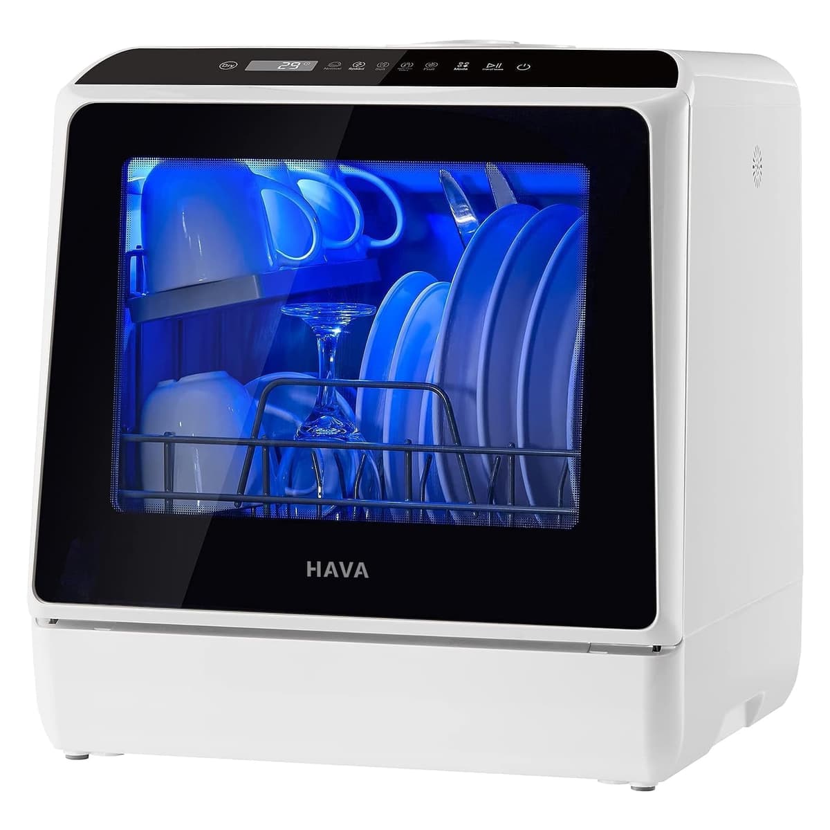 HAVA Table Top Dishwasher, Mini Countertop Dishwasher with 6 Programmes and Built-in 5 Litre Water Tank, No Connection Required, Baby Supplies, and Air Drying Function for Homes and Motorhomes