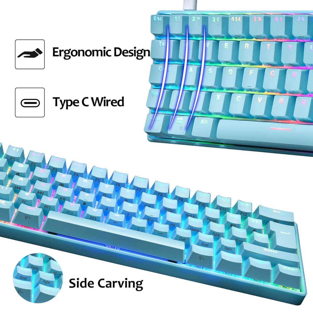 UrChoiceLtd UK61 60% Teclado mecánico para Juegos Tipo C Cableado 61 Teclas Retroiluminación LED Teclado Impermeable USB Retroiluminación RGB Teclas Anti-Fantasma para computadora/PC/Laptop/Mac — view 5