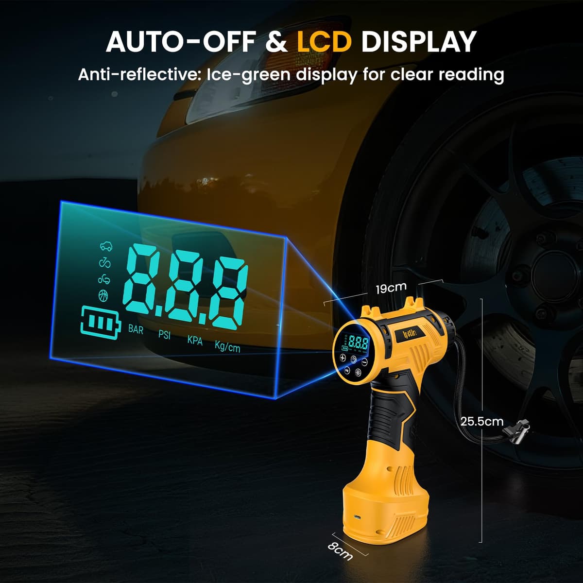 Tyre Inflator Air Compressor - 22L/min Portable Car Accessories, Rechargeable Battery Tyre Pump, Digital Cordless Electric Pump with LED Light, 4 Preset Modes for Car/Bike/Motorcycle/Ball — view 4