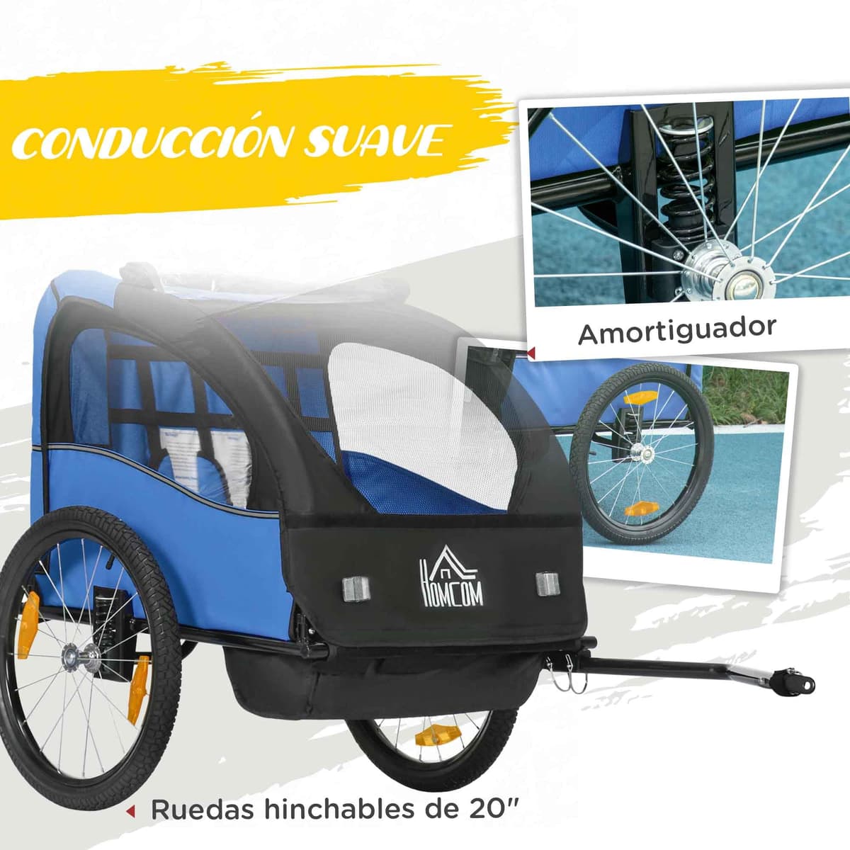 HOMCOM Remolque de Bicicleta para Niños +18 Meses Cochecito para Transporte de 2 Plazas con Cinturón de Seguridad Espacio de Almacenamiento y Sistema de Amortiguador 140x88x90 cm — view 4