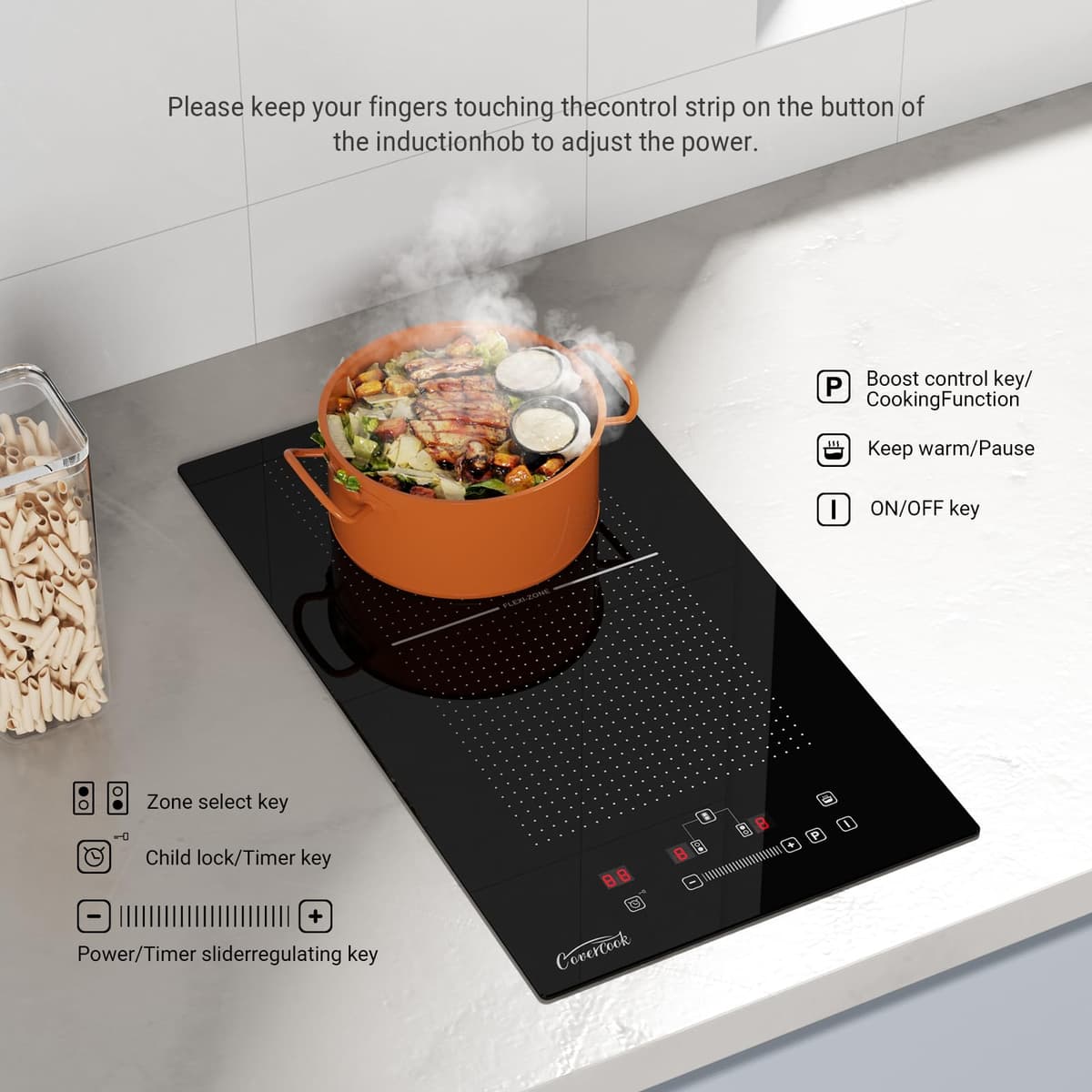 COVERCOOK 2-Zone Induction Hob with Plug,2800W Induction Cooktop with Touch Control,30cm Electric Hob with Flex Zone,9 Power Levels,Boost,Child Lock,Timer Function — view 5