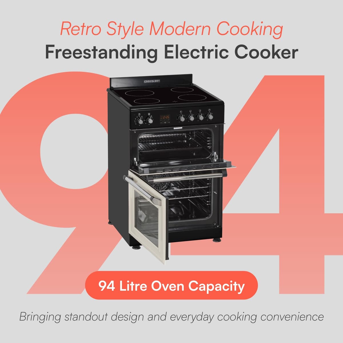 Cookology RETDO600CRM Freestanding Retro Electric Single Cooker Fan Oven in Cream - 94 Litre Capacity - 60cm Wide - Cooker Fan Oven - Ceramic Top - 4 Cooking Zone Hob — view 2