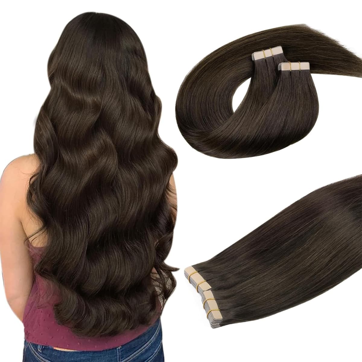 DOORES Tape in Hair Extensions Human Hair, Balayage Dark Brown to Chestnut Brown 50g 20pcs 18 Inch, Human Hair Extensions Natural Remy Straight Skin Weft — view 33