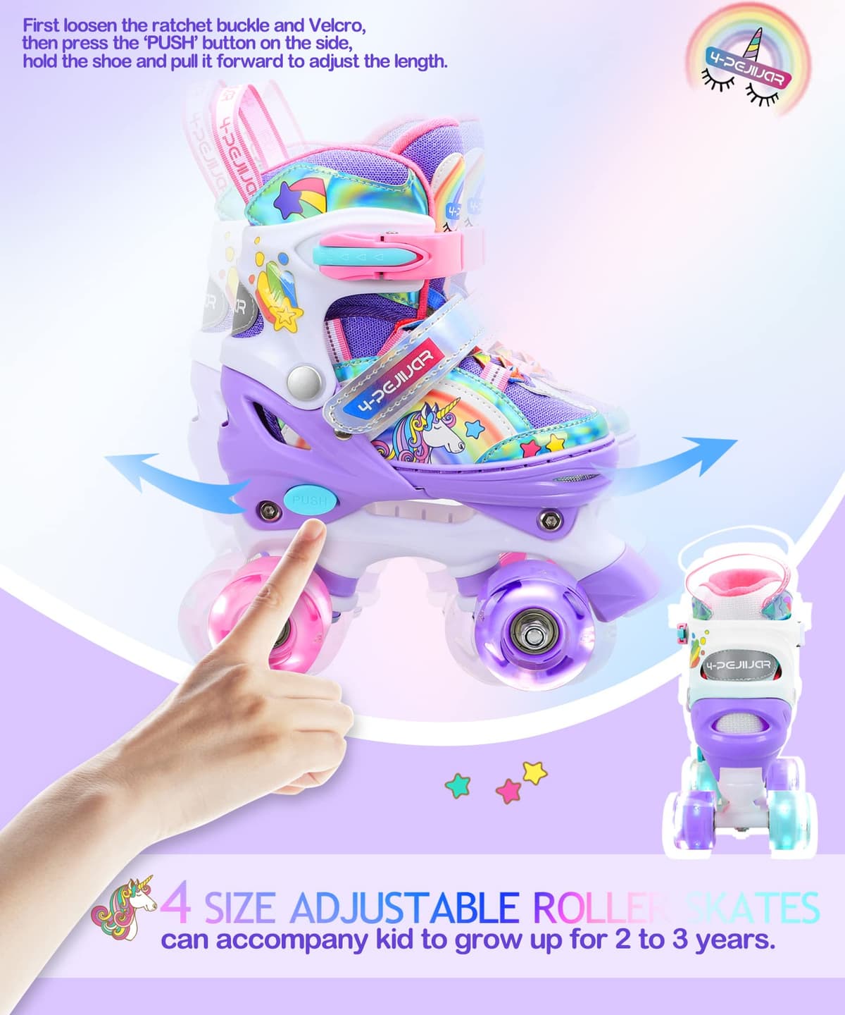 Patines Unicornio para Niños Patines Roller Quad Ajustables con Ruedas Luminosas para Niñas y Niños Principiantes — view 5