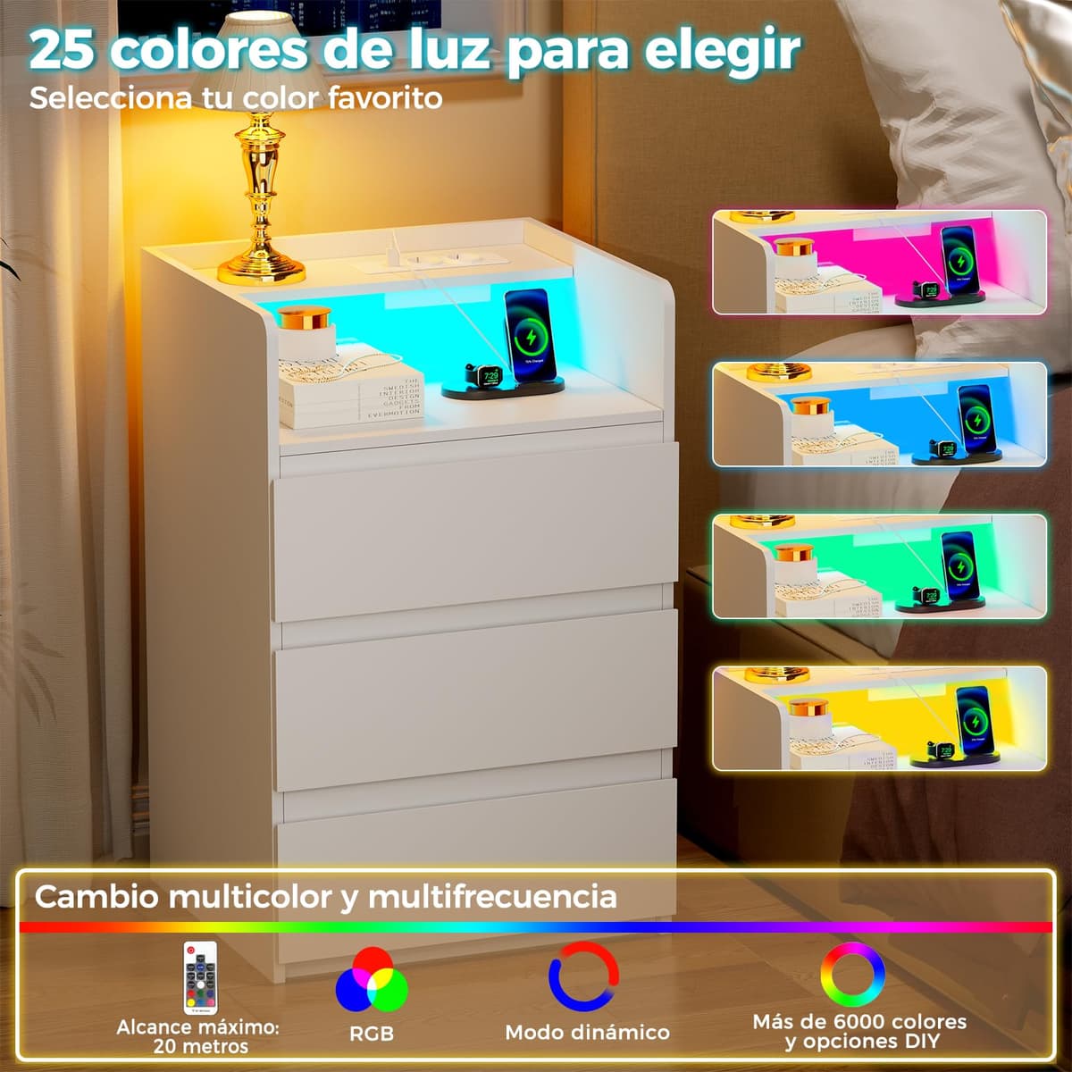 ANWBROAD Mesita de Noche con Enchufes Integrados,Mesilla de Noche con Tira de Luces LED,3 Cajones 1 Compartimento,Mesita de Noche Moderna para Dormitorios Salones (2, Blanco) BNS014W — view 5