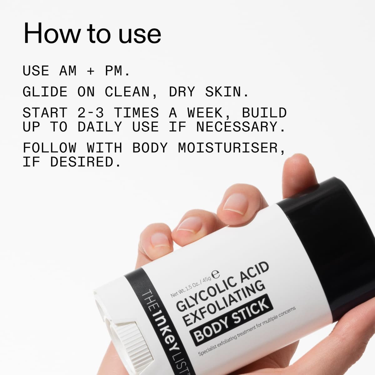 The INKEY List Glycolic Acid Exfoliating Body Stick 45g, Multiple Concerns, One Targeted Solution, Delivers Deep, Effective Exfoliation, Fragrance Free, Suitable For All Skin Types — view 6