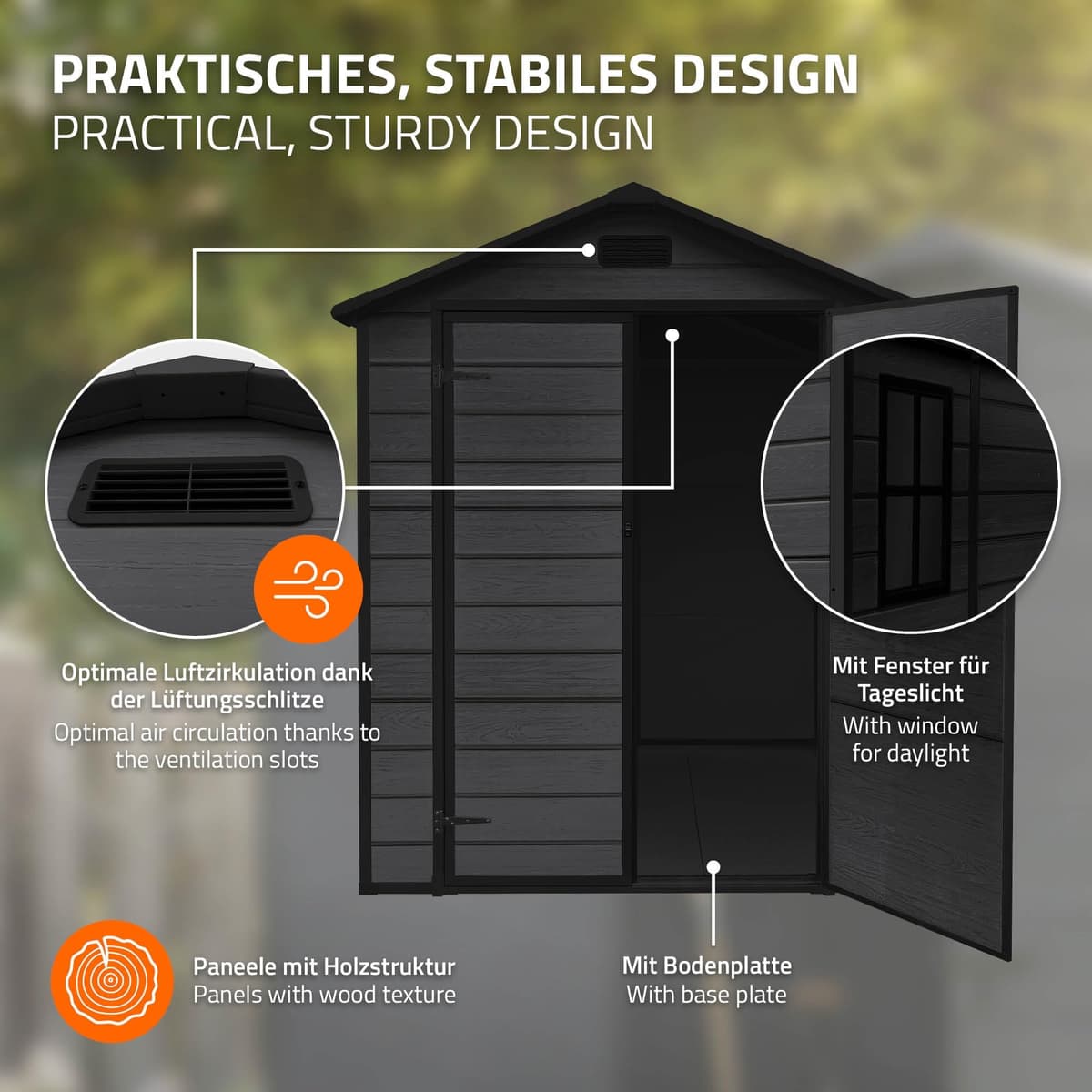 ECD Germany Caseta de Jardín con Suelo, 5m³ 151x182x220 cm, Gris Oscuro, Cobertizo Exterior de Plástico para Almacenamiento de Herramientas, con Tejado en Dos Aguas, Puerta y Ventana de Ventilación — view 3