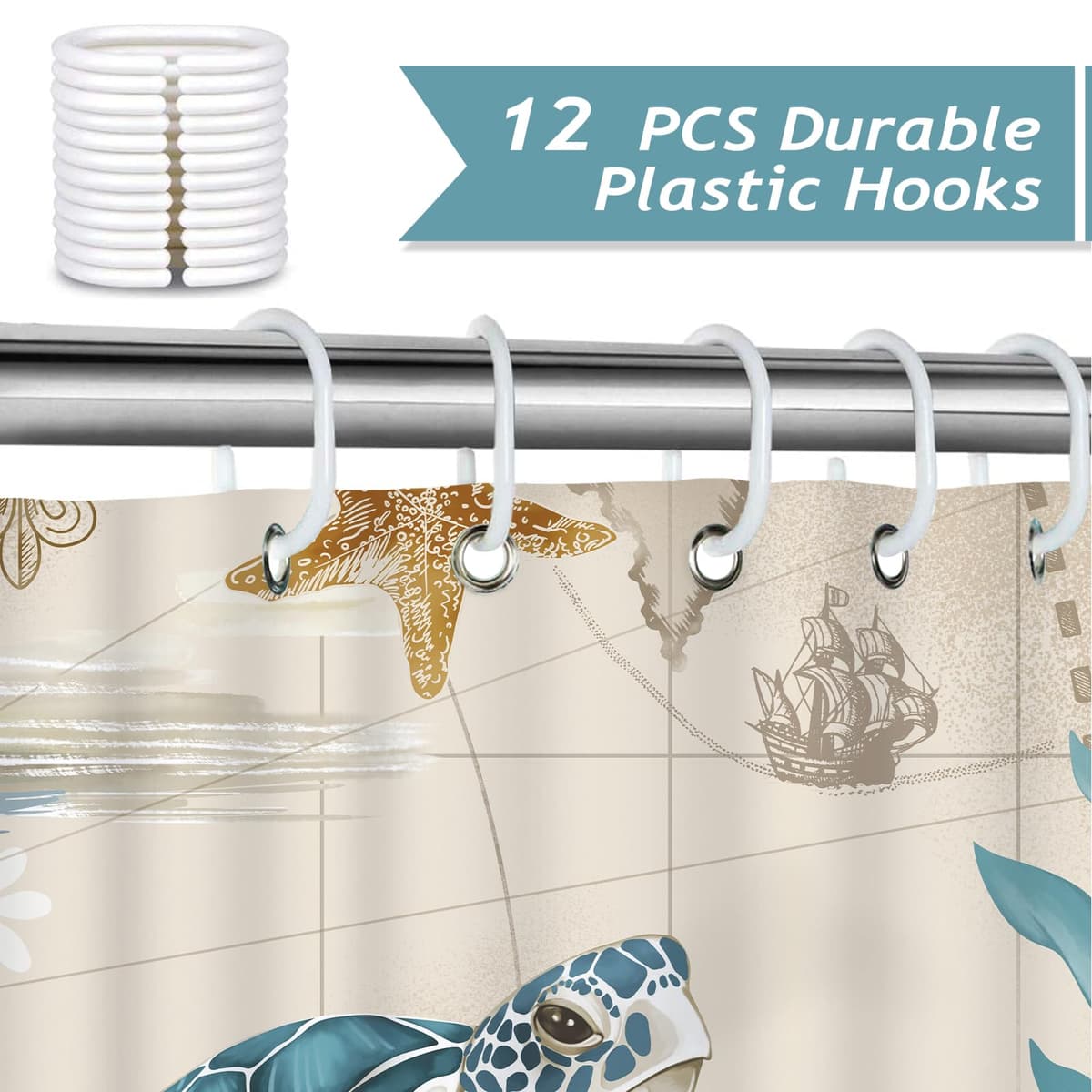 Bonhause Cortina de Ducha Tortuga Marina Náutico Costera Océano Cortina de Baño de Poliéster Impermeable Antimoho Lavable Cortina Ducha 180 x 180 cm con 12 Ganchos — view 3