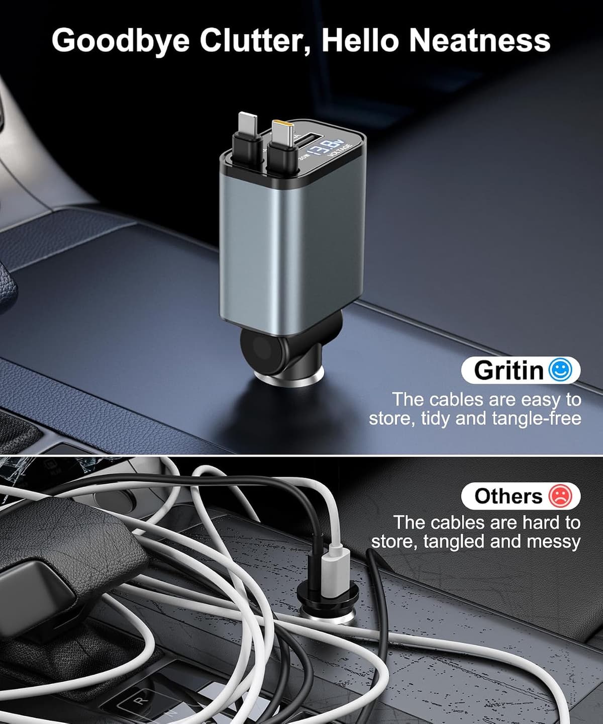Gritin Retractable Car Charger, 69W Super Fast 4 in 1 USB C Car Charger Adapter with Smart Device-Adaptive Charging Technology&Instant Voltage Display, Accessories for iPhone17 16 Pro Max,iPad,Android Gray — view 4