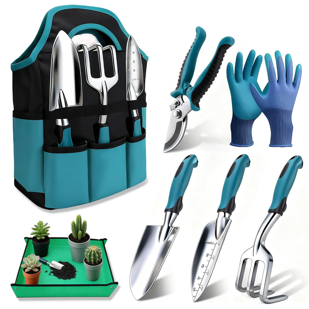 Juego de Herramientas de jardinería 7PC, Kit de jardineria Bolsa de Jardín con Bolsa de sujeción Resistente, Juego de Herramientas de Mano de jardín, Regalos de Jardinería para Mujeres y Hombres