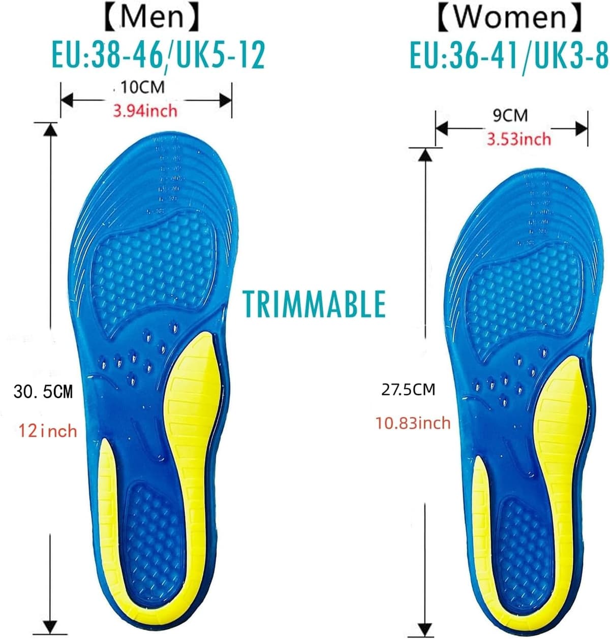 3D-Xpain™Women Men Gel Insoles Shock Absorbing Insole Pain Relief Anti Fatigue Everyday Active No-Odour Work Sports Comfort Jelly Shoe Inserts for Boots Hiking Running Standing 3d-xpain Classic 1 pair Men — view 4