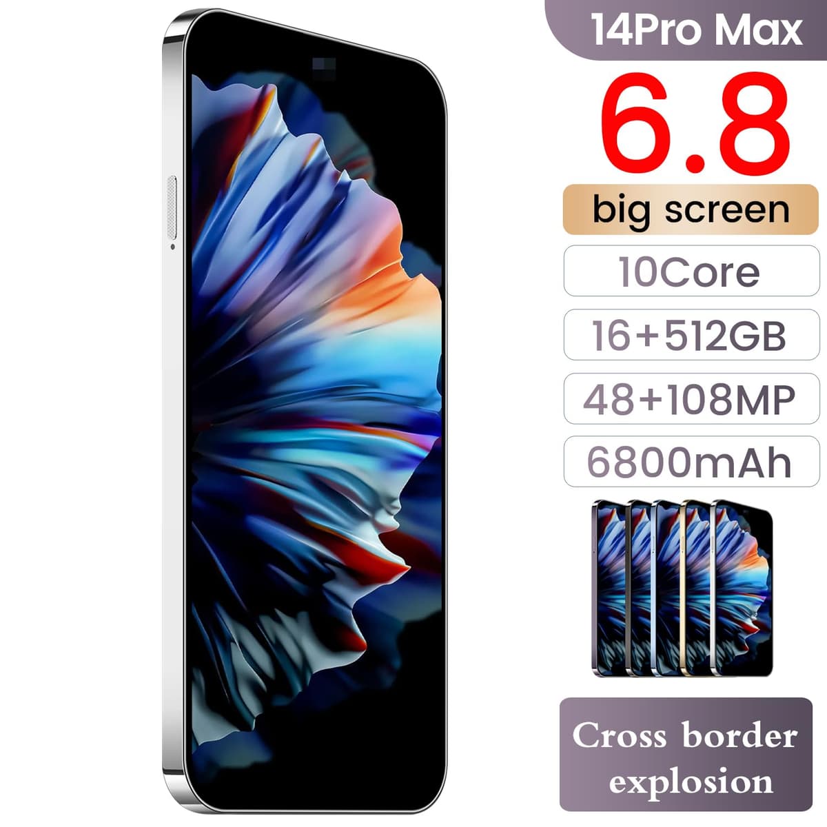 14 PM Unlocked Cell Phone,Smartphone Long Battery Life 6.82" HD Screen Unlocked Phones, 16+512GB Android 13.0 with 128G Memory Card, Dual SIM/Fingerprint Lock/Face ID/GPS (White) — view 2