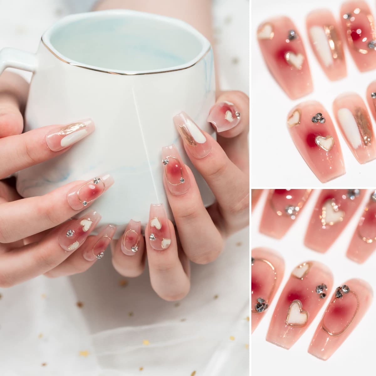 Sun&Beam Nails Handmade Press On Nail Long Coffin Ballerina Pink Flower Acrylic Fake Tip 3D Design Art Charms Cute with Storage Box 10 Pcs (S) — view 31