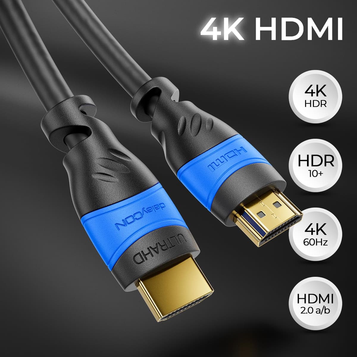 deleyCON 5m Cable HDMI 2.0a/b - Alta Velocidad con Ethernet - UHD 2160p 4K@60Hz 4:4:4 HDR HDCP 2.2 ARC CEC Ethernet 18Gbps 3D Full HD 1080p Dolby - Negro — view 3