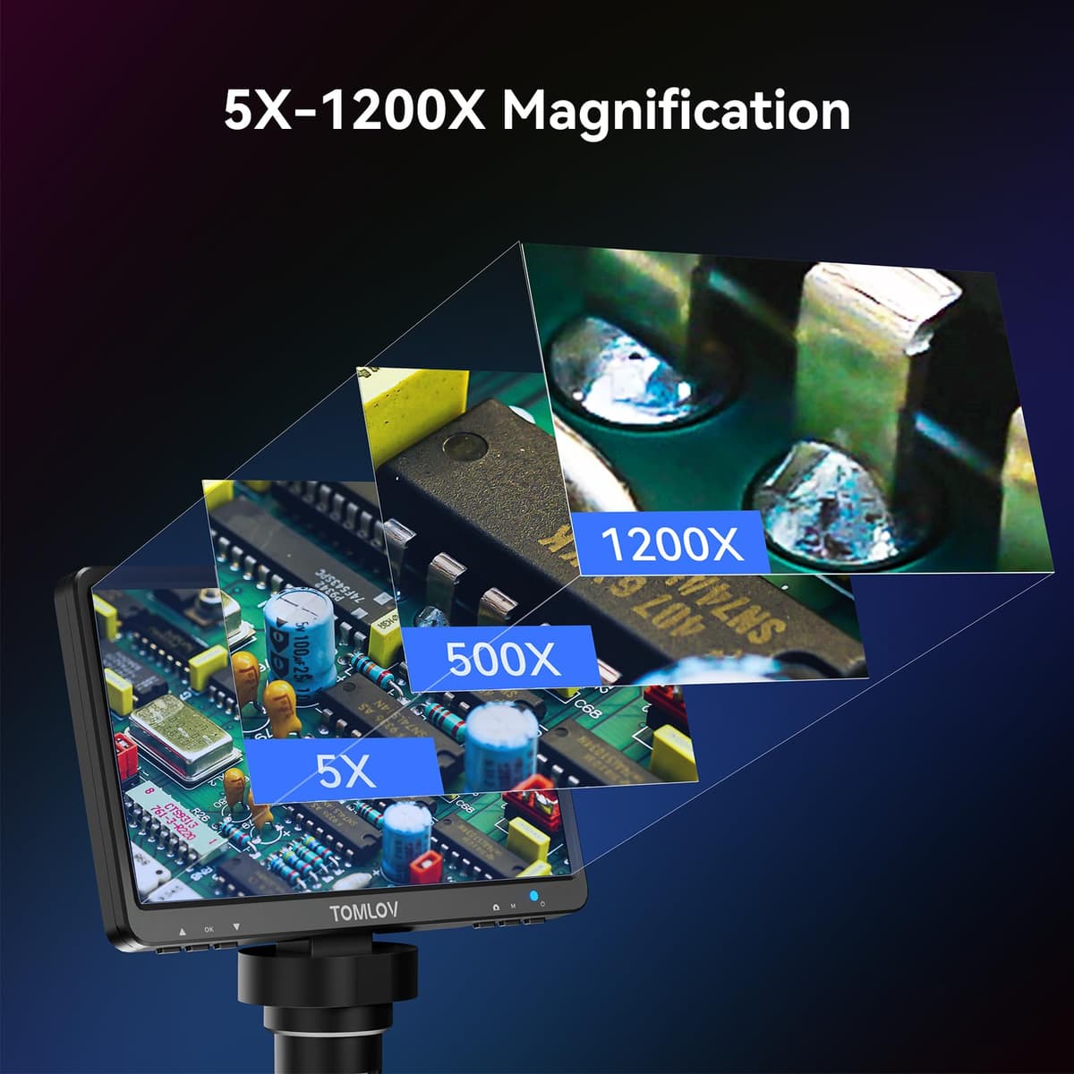 TOMLOV DM9 7" LCD Microscopio Digital 1080P, Cámara de Magnificación 1200X para Piezas con Pantalla HD, 12MP Enfoque de Ultra Precisión, Soporte Metálico, Luz LED, Compatible PC/Windows/Mac OS, 32GB — view 3