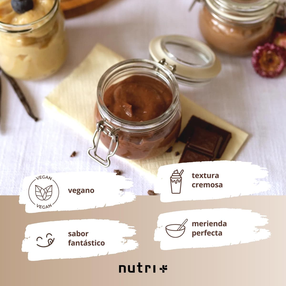 Nutri + Pudin proteico Chocolate vegano 400 g - 24 g Proteínas por Ración - sólo 106 Calorías - bajo Azúcares y Grasas Postre de Chocolate - High Protein Pudding vegan sin Lactosa y Gluten — view 3