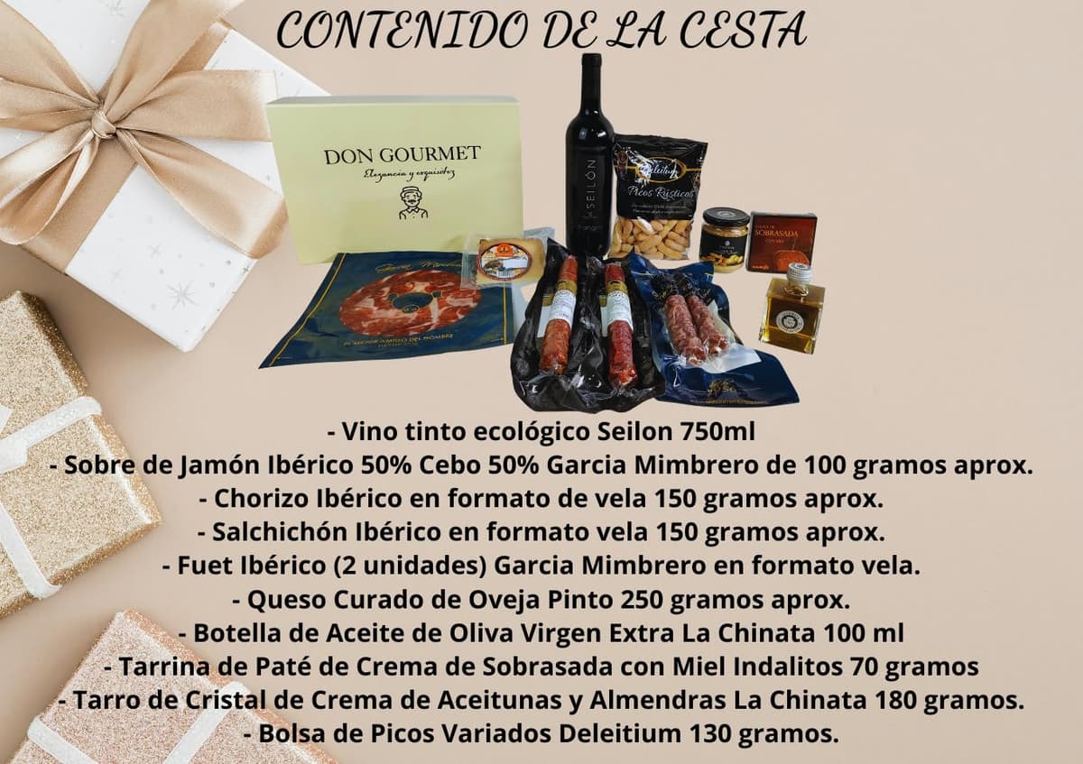 DON GOURMET, Cesta Gourmet para Regalar, Personalizable, Queso curado, jamón ibérico, chorizo ibérico, lote embutidos ibéricos, aceite de oliva, pack ibéricos, Regalo Día de la Madre. (CESTA 6) — view 3