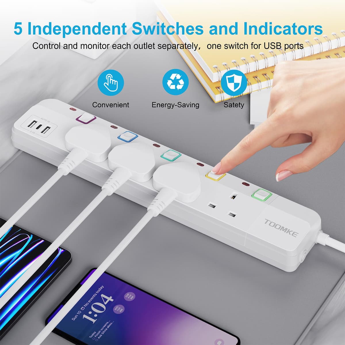 10M Extension Lead with Switches, 4 Way Extension Lead with 3 USB Ports (2 USB-A&1 USB C), Child Safety Protection Power Strip UK Plug Extension Socket 10 Meters Power Cord for Home Office — view 4