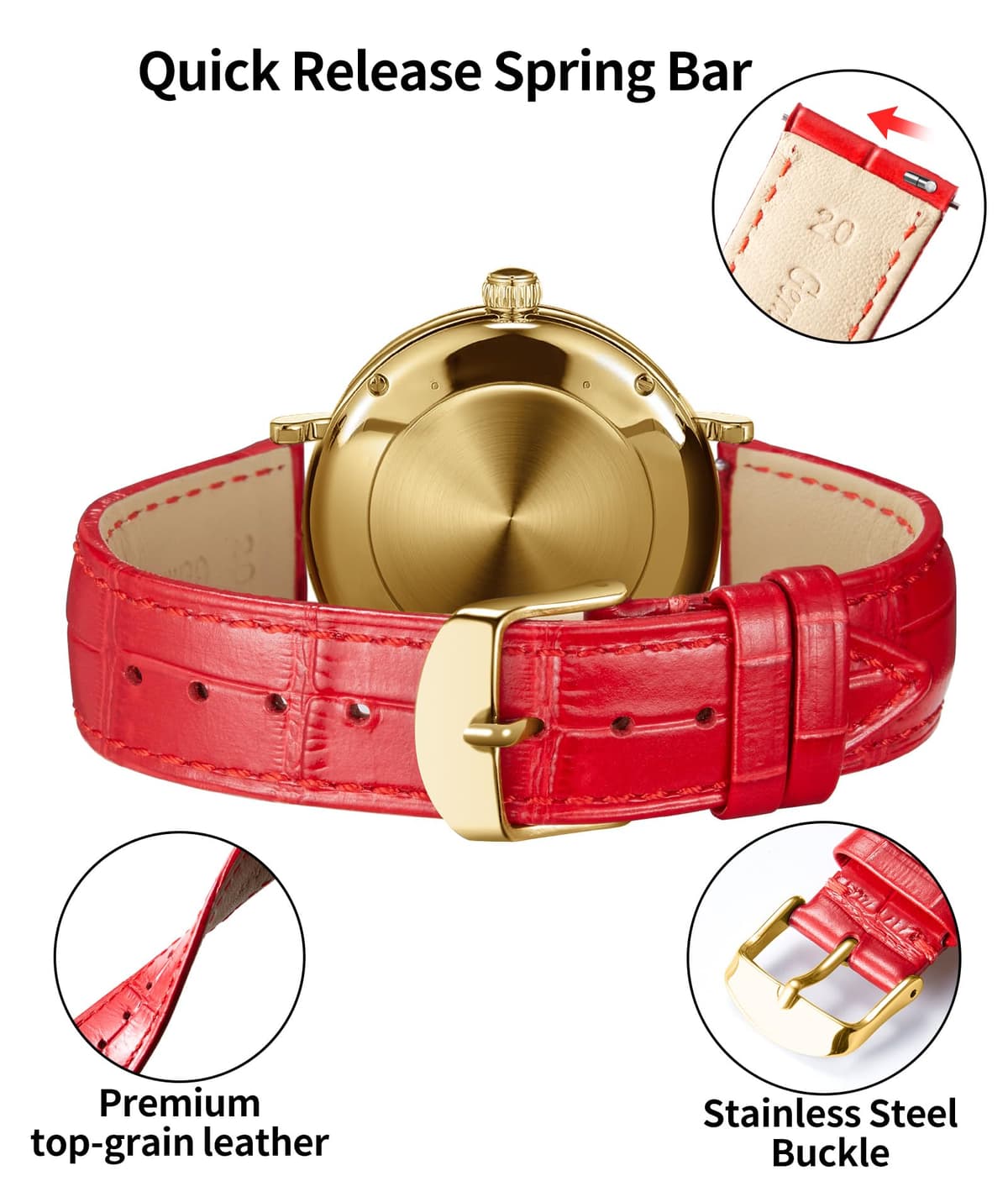 BINLUN Quick Release Leather Watch Straps Replacement Watch Bands Smart Watch Strap Crocodile Pattern in 10 Colors 13 Sizes with Silver/Gold/Rose-Gold Buckle for Men Women(10mm-24mm) — view 143