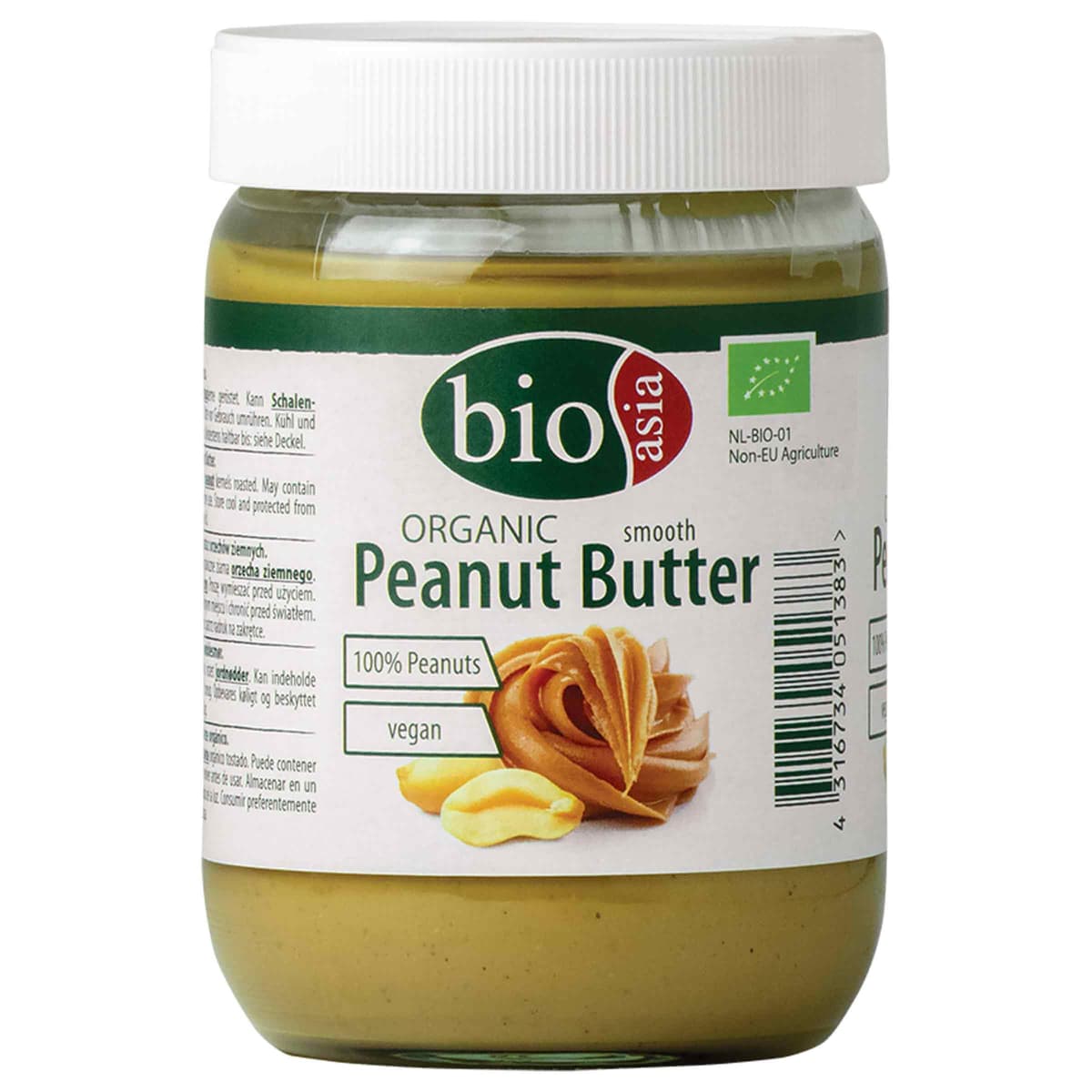 BIOASIA Crema de cacahuete ecológica – Peanut Butter – hecha con 100 % cacahuetes tostados, cremosa, sin aditivos, en tarro de cristal, vegana y sin gluten, 500 g