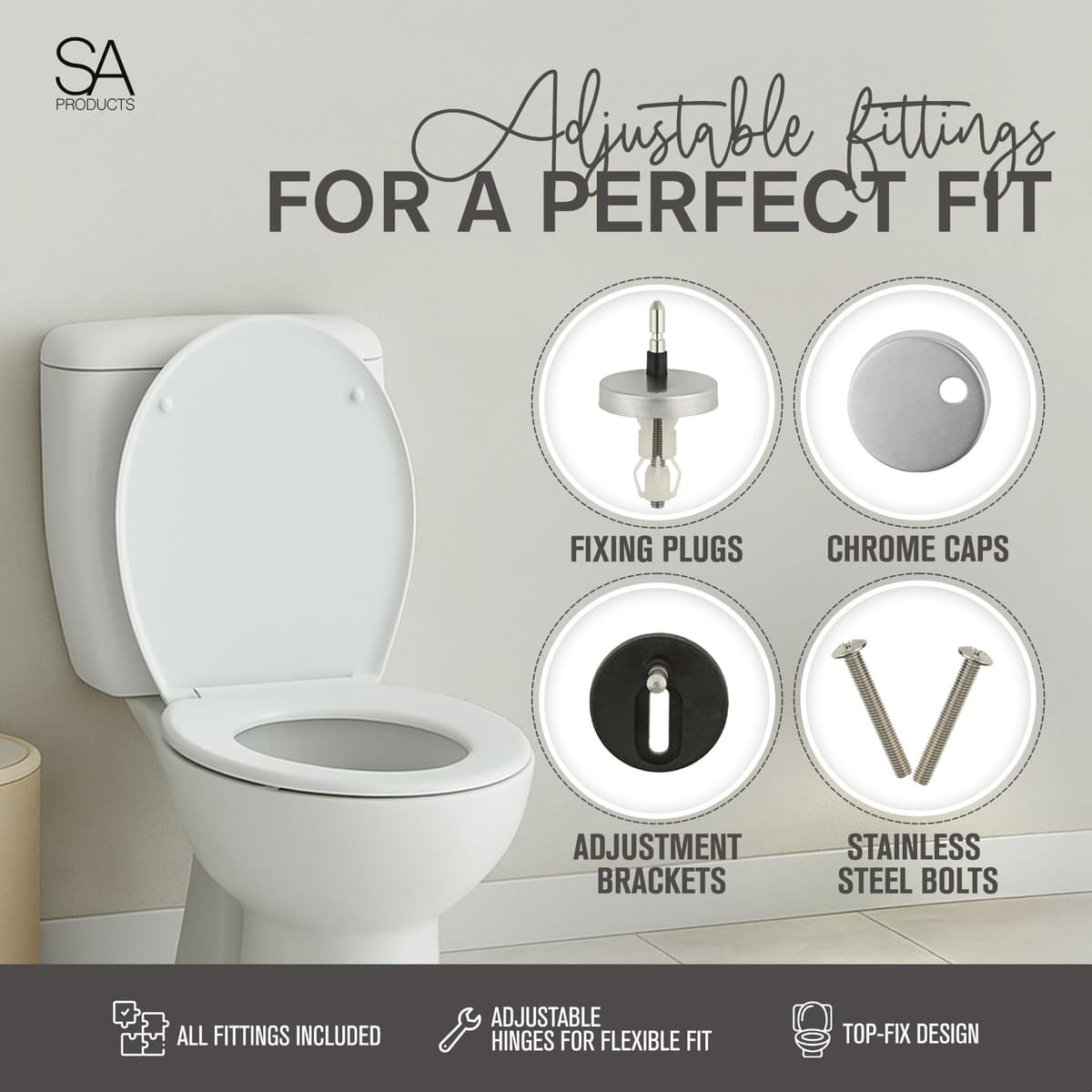 SA Products Oval Quick Release Toilet Seat – Soft Close Toilet Seat with Quick Release Hinges for Easy Cleaning, Thermoset Lid with ABS Cylinder & Fixings – 44.1 × 36.5 × 5 cm, White — view 5