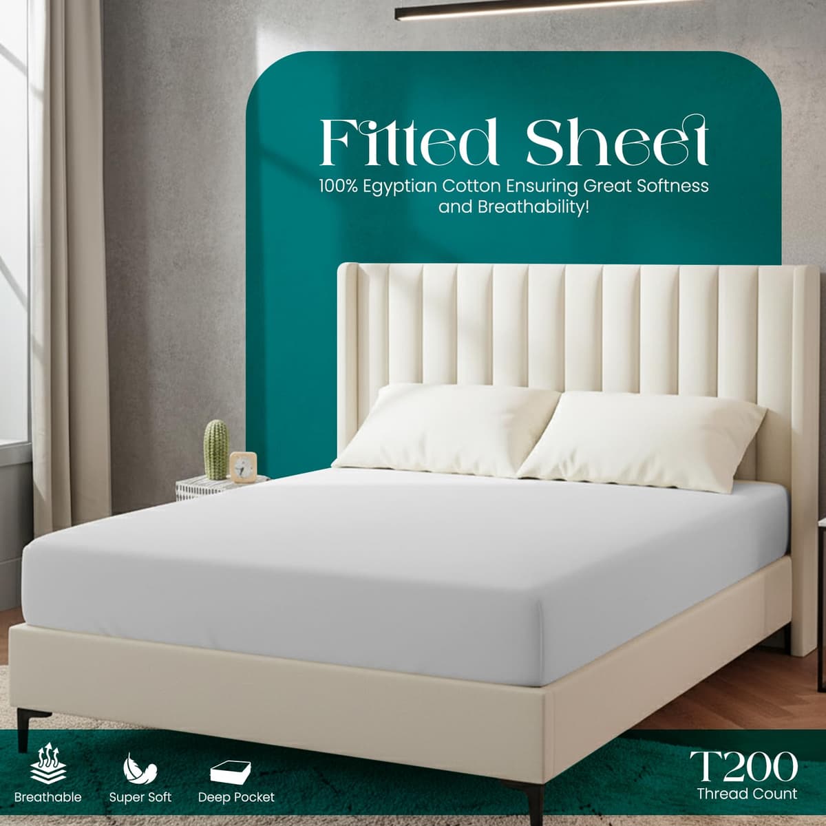 Linens World Egyptian Cotton Fitted Sheets King Size Breathable, Anti Wrinkle 40cm Deep Pocket 200 Thread Count Bed Sheets Bedding & Linen 152 X 200-CM White Bedding King Size Fitted Sheets — view 2