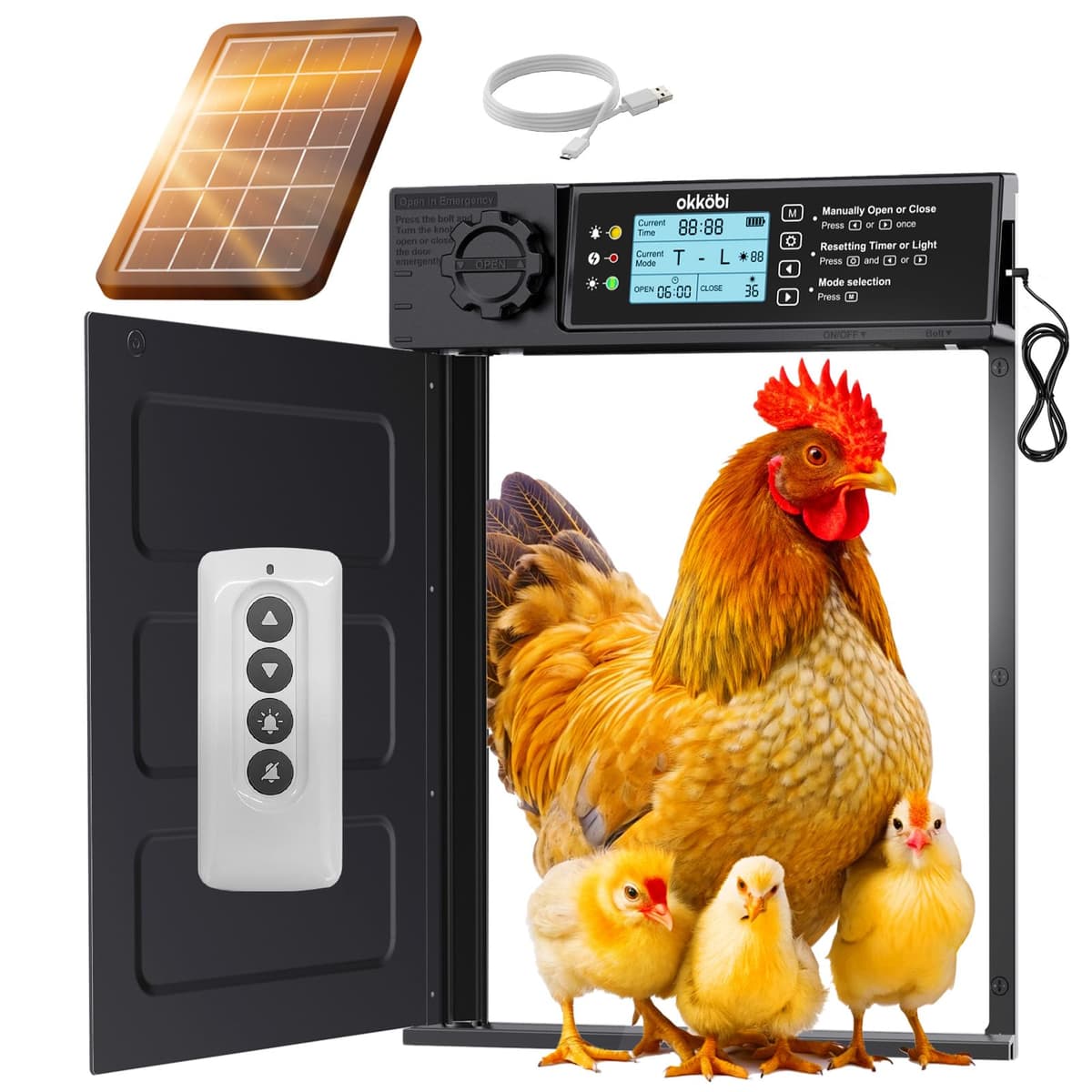 Okköbi Automatic Chicken Coop Door PRO - Light Sensor & Timer - Anti-Pinch Function - Wide Opening - New Model - Solar Powered with LCD Display & Remote Control - 5 Year Protection