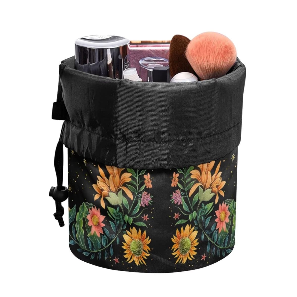 chaqlin Moon Dragonfly Floral Travel Cosmetic Bags Barrel Makeup Bag,Women Girls Portable Foldable Cases Multifunctional Toiletry Bucket Bags Round Organizer Storage Pocket — view 4