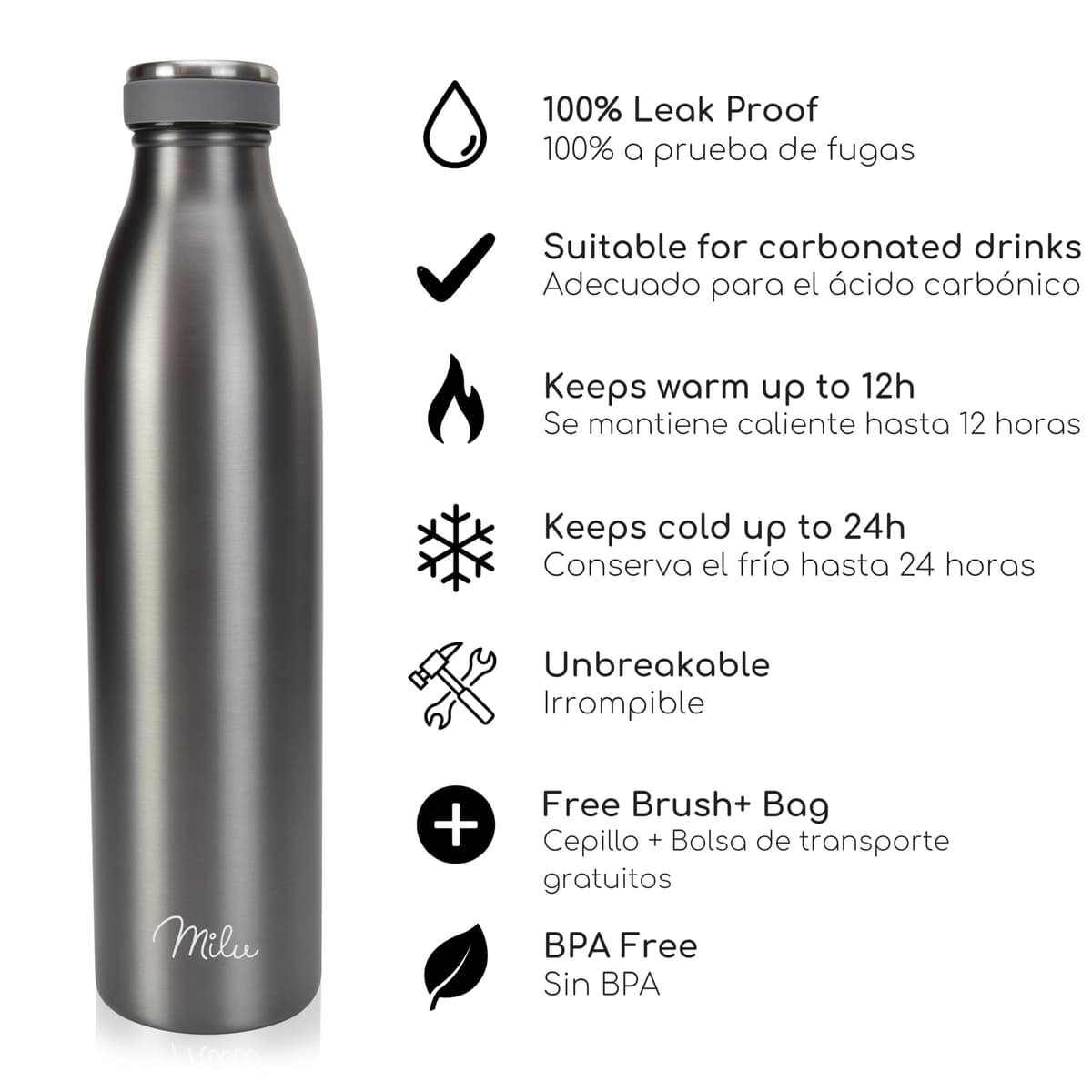 Milu Botella de acero inoxidable de 350ml 500ml 750 ml 1 L 1,5 L botella de agua aislada, termo a prueba de fugas, doble pared, apta para ácido carbónico + cepillo de limpieza (Azul Violeta, 350ml) — view 154