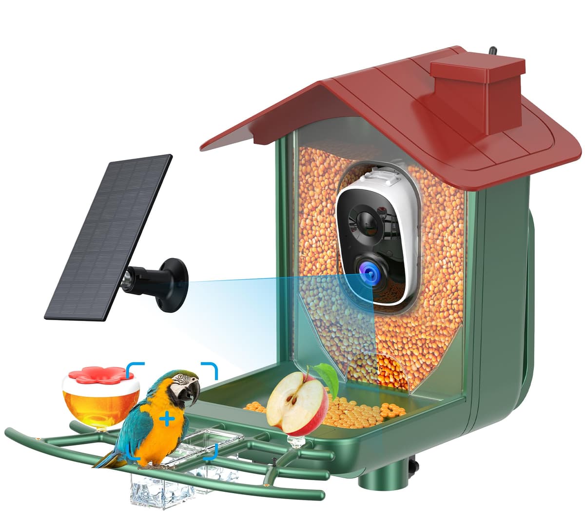 Comedero para pájaros con cámara solar al aire libre: cámara inteligente para jardín exterior, cámara de video en vivo HD 2K, reconocimiento de IA, ventana visible, captura automática, regalos para