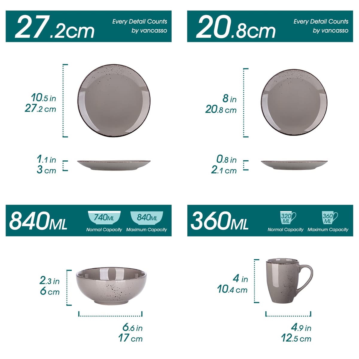 vancasso Navia Jardin Dinner Set, Stoneware Vintage Look Grey Dinnerware Tableware, 16 Pieces Dinner Service Set for 4, Including Dinner Plates, Dessert Plates, Cereal Bowls and Mugs — view 2