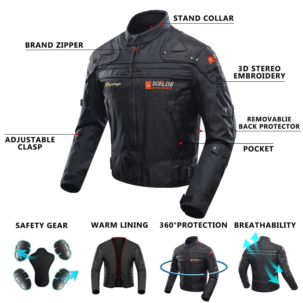 BORLENI Chaqueta de moto a prueba de viento motocicleta armadura de equipo de protección otoño invierno verano para hombre de toda estaciòn — view 5