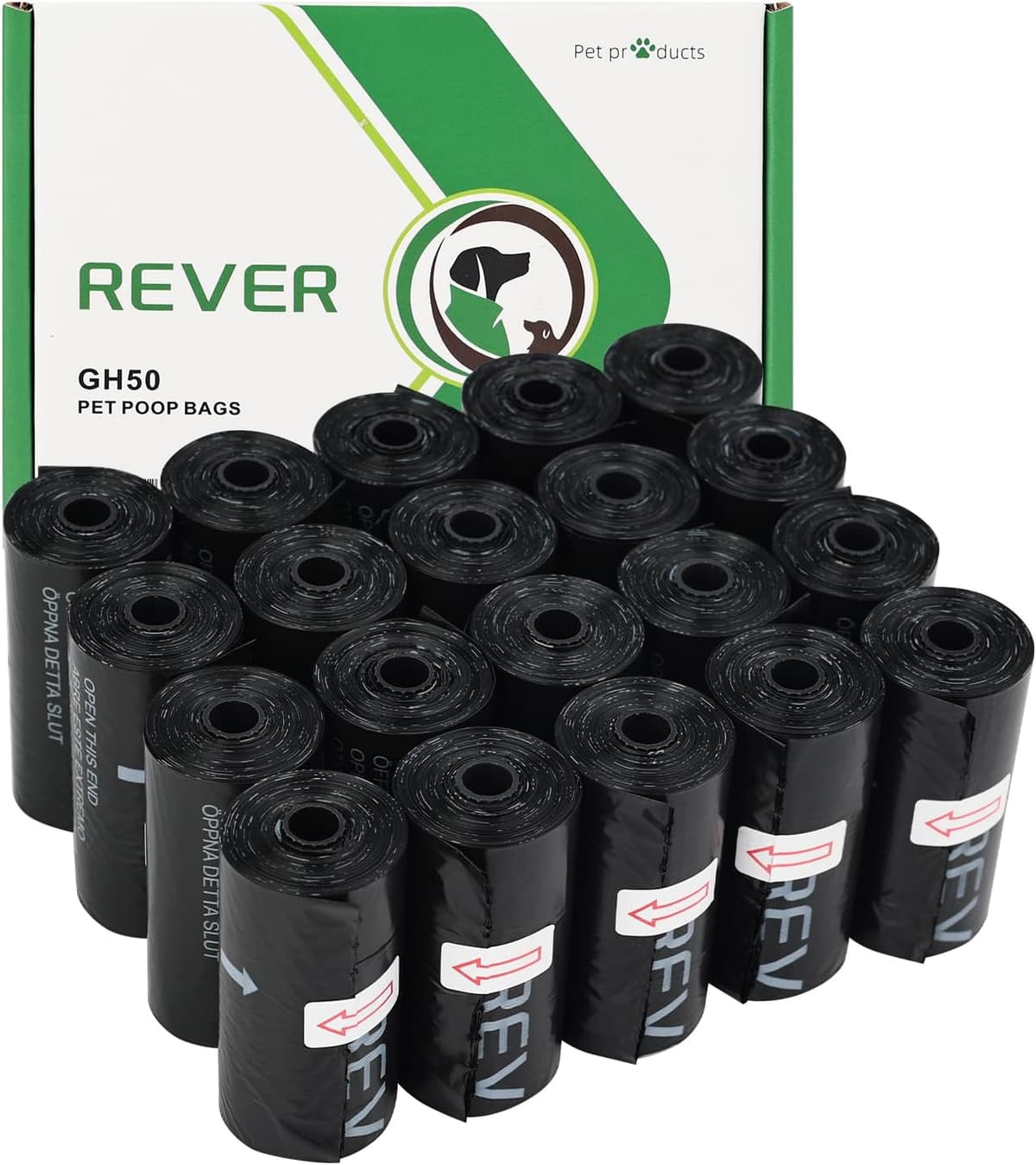 REVER GH50, Dog Poop Bags, 300 Units, Extra Thick, Fragrance-Free, 33 x 23 cm, 20 Rolls (15 per Roll), Black