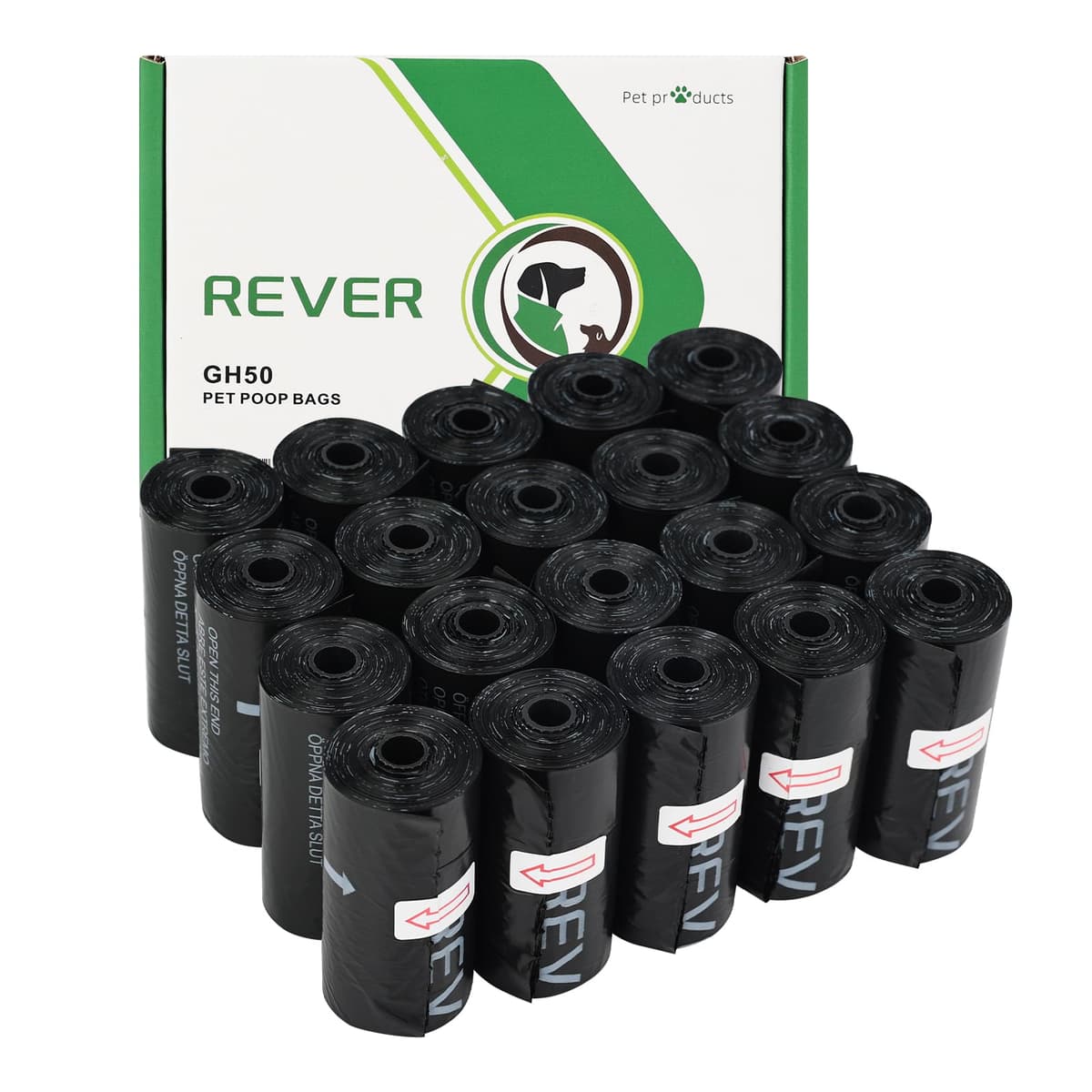 REVER GH50, Dog Poop Bags, 300 Units, Extra Thick, Fragrance-Free, 33 x 23 cm, 20 Rolls (15 per Roll), Black