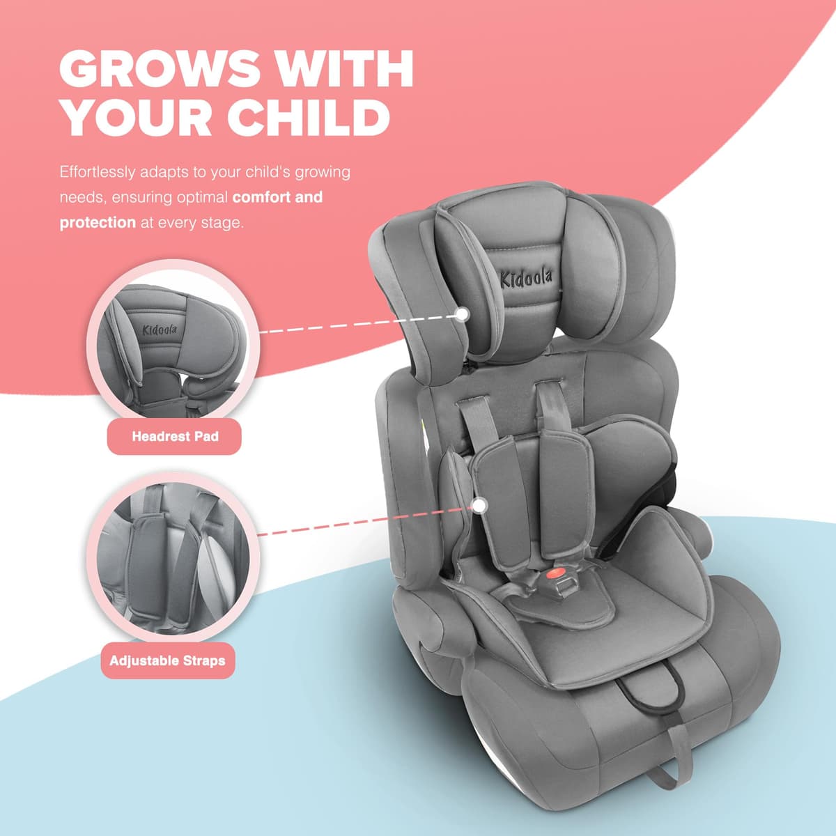 Kidoola Adjustable Car Seat for Toddlers & Children - Safety Certified Booster Seat, Padded & Comfortable with 3 Adjustable Age Functions & Straps, Up to 12 Years - ECE R44/04 (Grey & Black) (Grey) — view 4