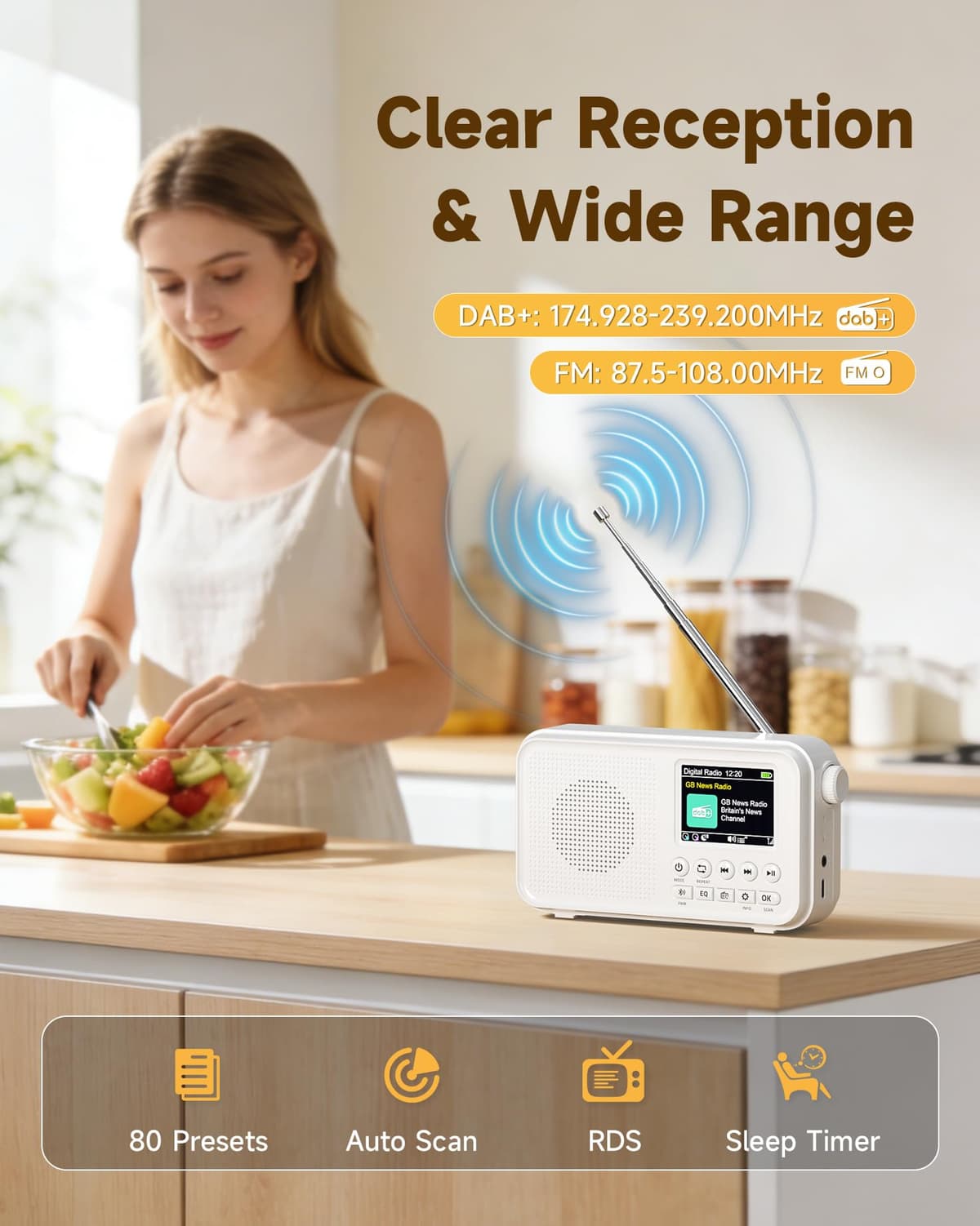 Roxicosly Portable DAB Radio, 3000mAh Rechargeable & Mains Powered Digital FM Radio with Bluetooth, 2.4" Color Display, 18H Playtime, 80 Presets, EQ, 3.5mm AUX & SD Card Slot, Dual Alarm, Sleep Timer — view 2
