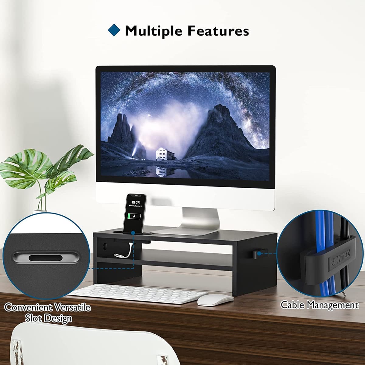 BONTEC Soporte Monitor Mesa Elevador Monitor Soporte Monitor Ordenador 2 Niveles Negro, W420 x D235 x H142mm con Soporte para Teléfono Inteligente y Gestión de Cables — view 3