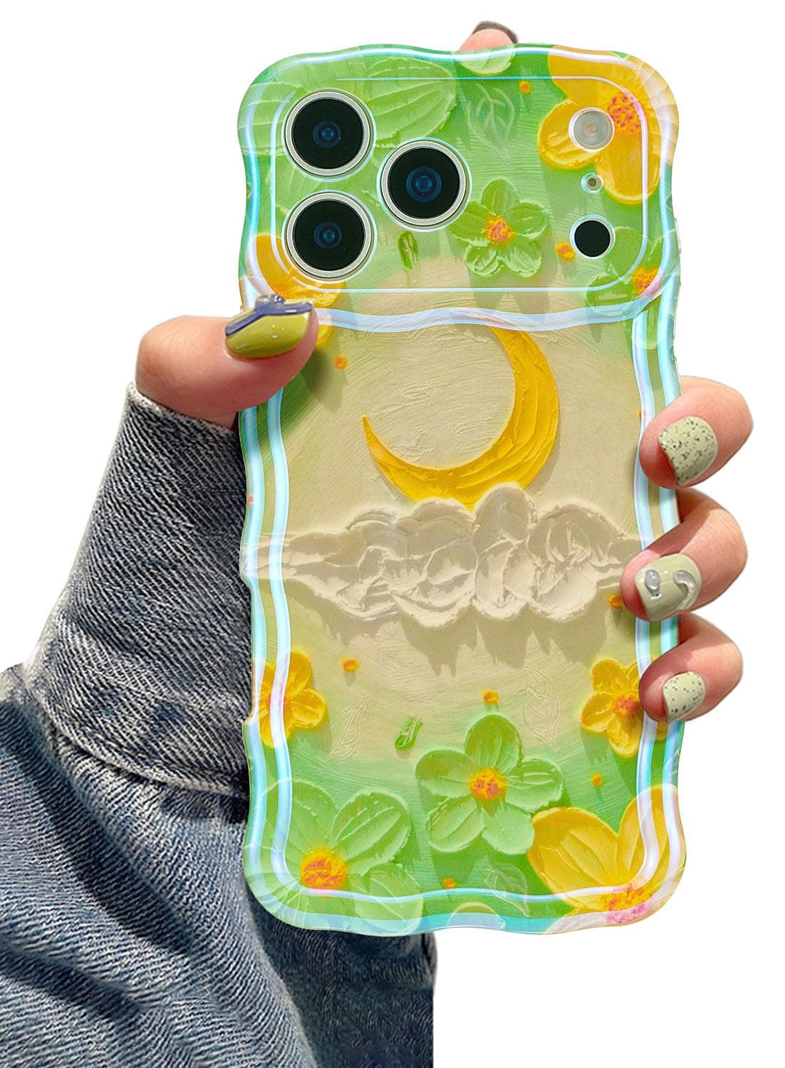 EYZUTAK Case for iPhone 17 Pro, Colorful Retro Oil Painting Printed Flower Laser Glossy Pattern Cute Curly Wave Edge Exquisite Phone Cover Stylish Durable TPU Protective Case for Girl Women-Green — view 69