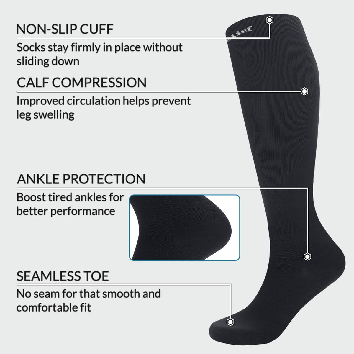 360 Relief Medias de Compresión Mujer y Hombre - 1 Par Calcetines de Compresión para Deportes, Correr, Volar, Viaje, Trabajo, Footing - S/M Beis con Bolsa de Malla — view 78