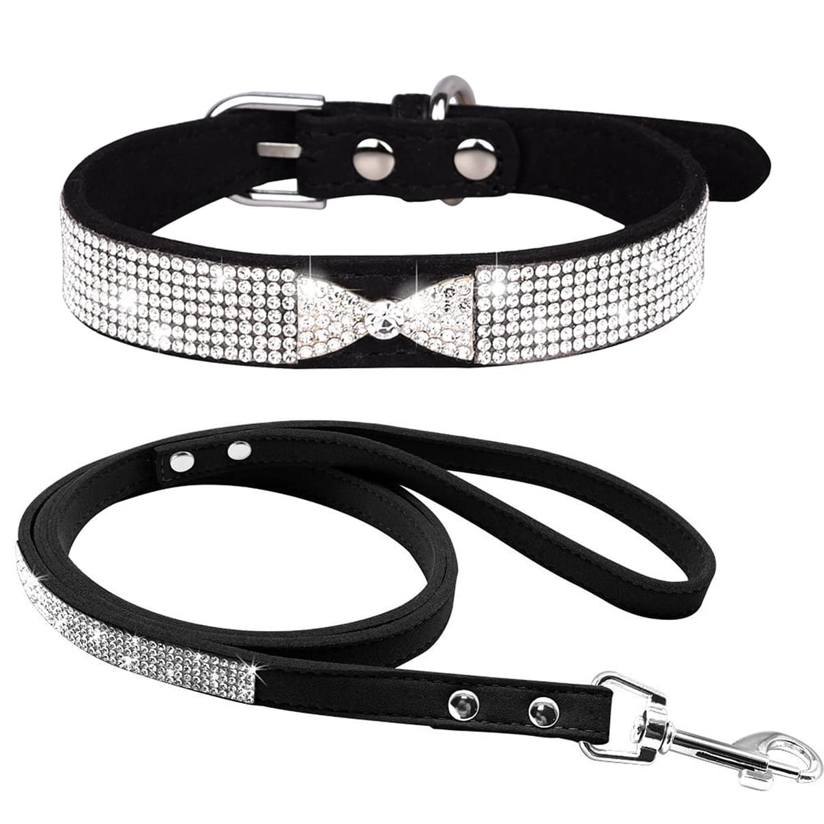Cute Dazzling Sparkling Elegant Fancy Soft Suede Leather Bling Rhinestone Crystal Jeweled Pet Cat Dog Puppy Collar Dog Leash Combo Set (S, Black-2) — view 20
