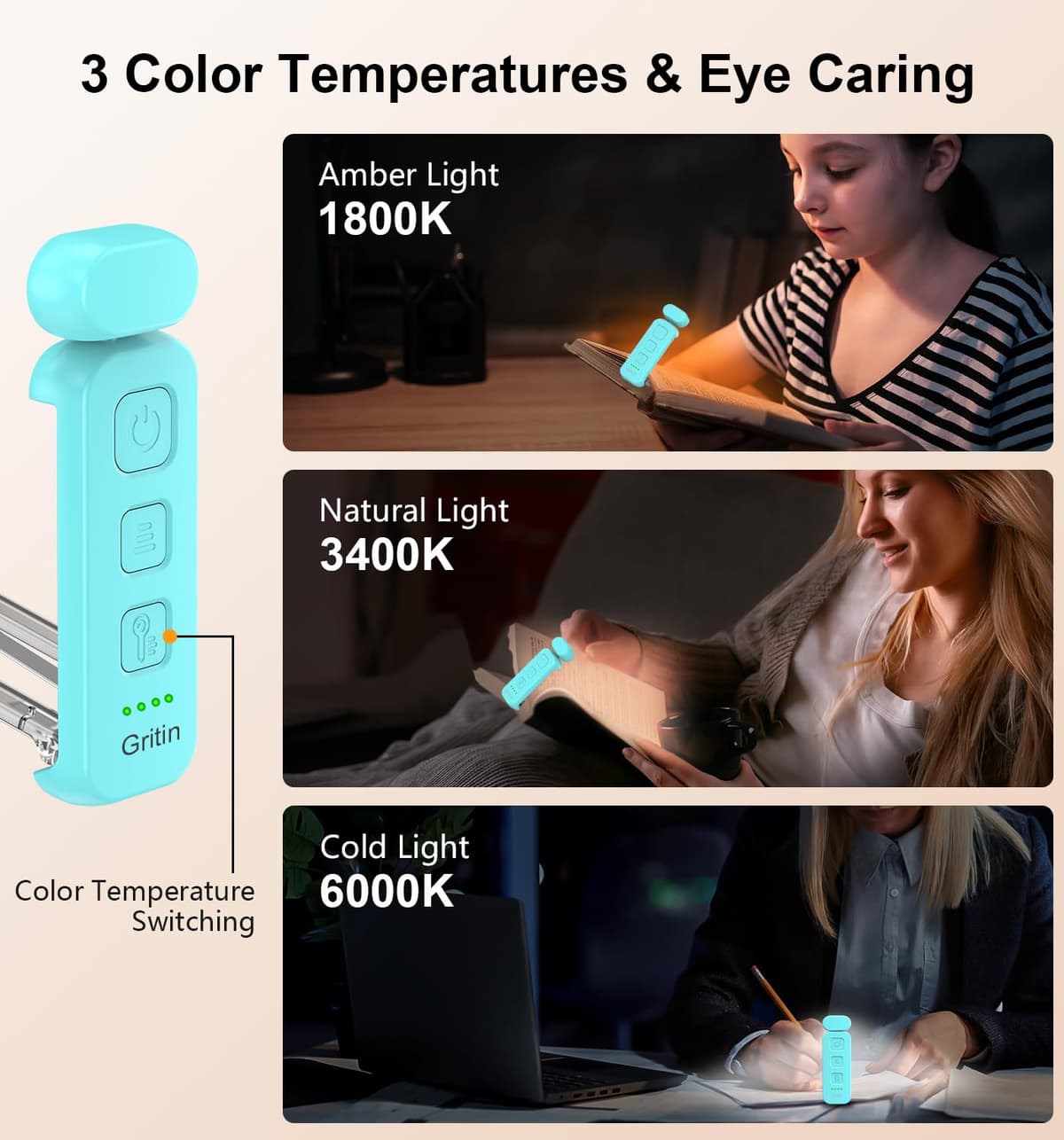Gritin Book Light Rechargeable, Reading Light Lamp Clip on Books, Eye Caring 3 Colors, 5 Brightness & Stepless Dimming, Long Lasting up to 80hrs, Portable Mini Reading Lamp for Readers — view 4